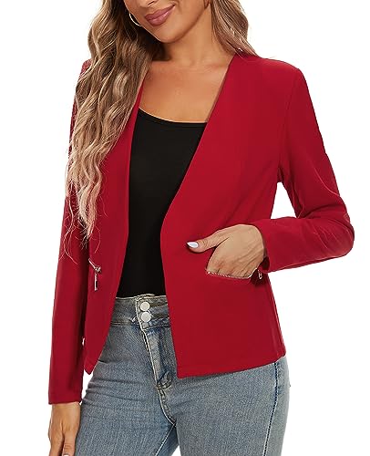 MINTLIMIT Blazers for Women Long Sleeve Open Front Collarless Suit Blazer with Zipper Pockets Casual Work Office(Red, XL)4