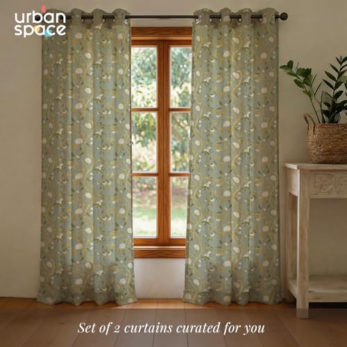 Image of Urban Space 100% Cotton Curtains with Gold Foil Print | Upto 60% Light Blocking Window Curtain 5 feet I Set of 2 Decorative Curtains with Eyelets and Tieback (Zari Baagh Sage Green Gold - 5 feet)