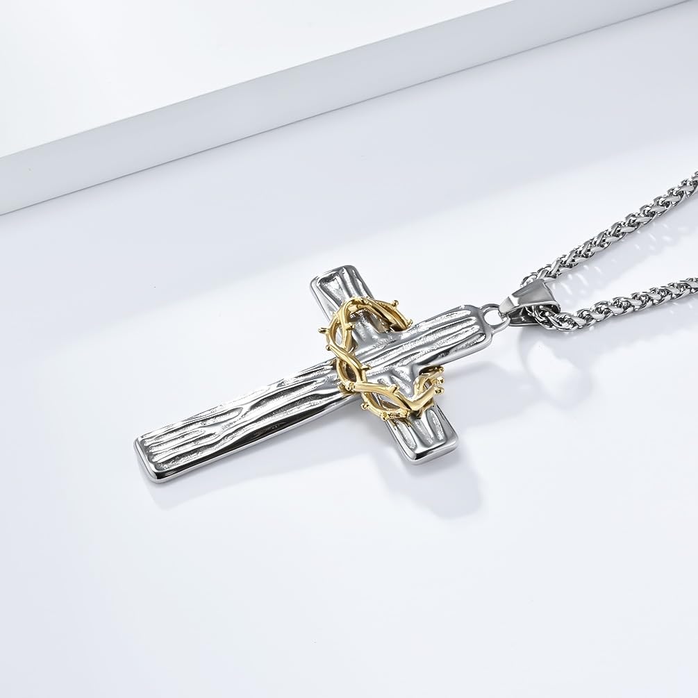 Cross Necklace for Men - 316L Stainless Steel Religious Crucifix Pendant with Adjustable 22"+2" Rolo Chain,Silver/Black Christian Jewelry Gift - Image 2