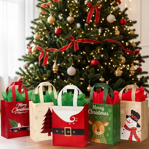 STYPOP 24 Pack 10" Christmas Gift Bags Medium Size with Tissue Paper, Reusable Non-Woven Christmas Tote Bags with Handles, Perfect for Xmas Gift Wrap/Party Favor Supplies, 10" × 8" × 4" - image 7