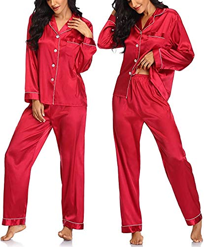 ASAD Fashion Womens Pajamas Soft Satin - Pajama Set for Women (Red, X-Large)