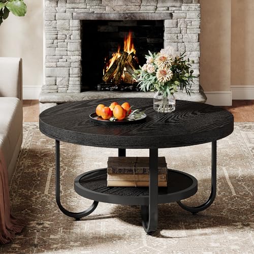 Tribesigns Table Basse Ronde pour Salon, Table Centrale à 2 Niveaux avec étagère de Rangement, Table à Cocktail Industrielle de 79 cm avec Pieds incurvés...