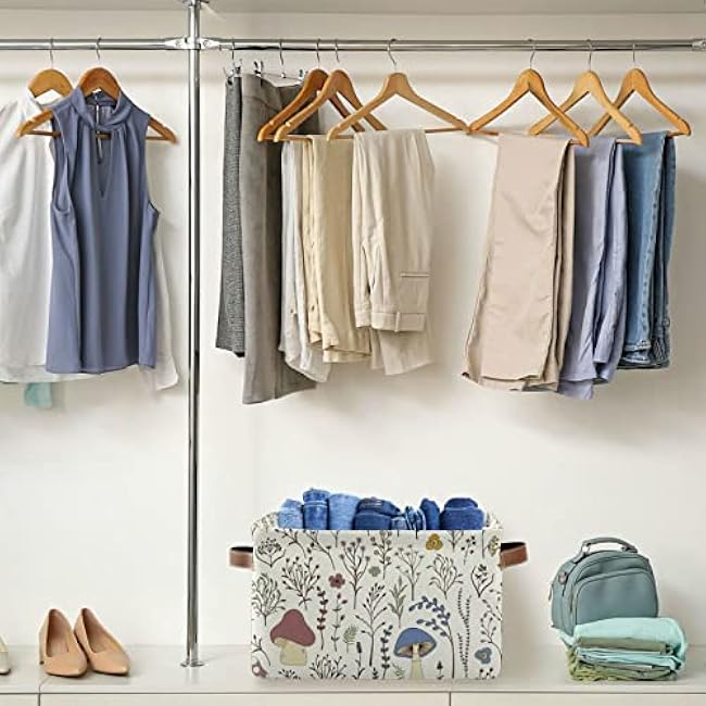 Kigai Mushroom Storage Basket Collapsible Rectangle Storage Bin Shelves Basket Organizer with Leather Handle for Closet, Office, Nursery, Home Decor