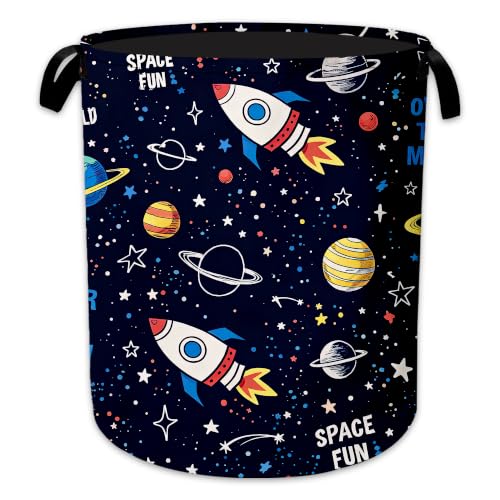 Image of Laundry Hamper, Rocket Space Collapsible Planet Stars Laundry Baskets Waterproof Oxford Cloth With Handles, Clothes Storage Bucket For Bathroom /Bedroom 16 inch x 20.8 inch
