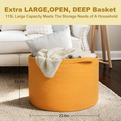 Image of MEGASKET Extra Large 115L Orange Basket, 23.6 inchx15.7 inch Woven Cotton Rope Bins for Blankets, XXXL Baby Nursery Laundry Towel Basket, Oversized Kids Dog Toy Storage Box, Orange Living Room Decor Organizer
