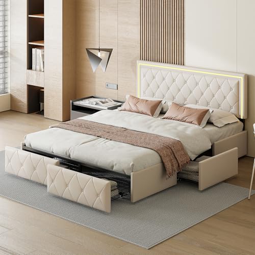 DULRLLY Bett 140x200 mit Stauraum, Polsterbett mit 4 Schubladen und LED-Kopfteil, Doppelbett Bettgestell mit Lattenrost, Jugendbett Funktionsbett Stauraumbetten Rückenlehne Bett, Beige(PU)