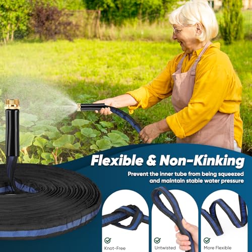 Image of Garden Hose 100ft Lightweight, Non-Expanding, Leak-Proof Metal Connector, No-Knot No-Tangle Easy to Store and Carry Wear-Resistant 3 /4GHT Flexible Water Hose for Yard Outdoor (Black Lake Blue)