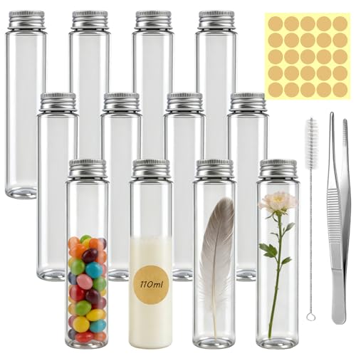 Scettar 12 PCS Tubes à Essai Plastique 110ML, Bouteille Sensorielle Vide avec Bouchons à Visser,Tube a Essai Plastique Transparent, pour Bonbons, Fleurs,...