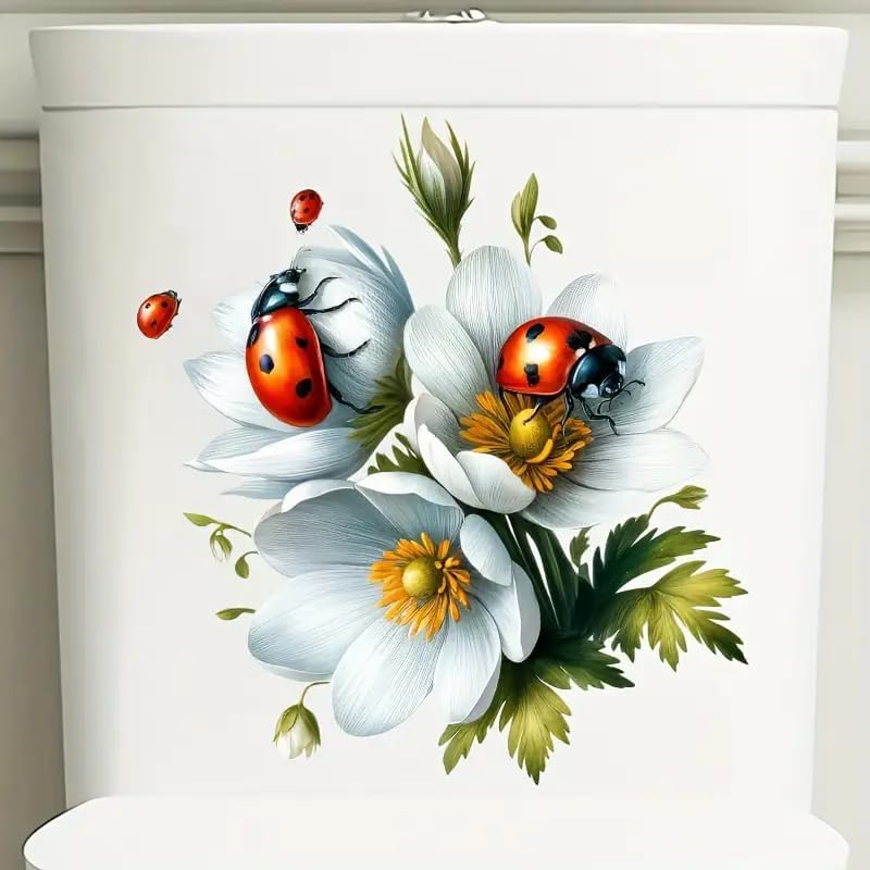 Floral Ladybug Toilet Cover Sticker Decals,Fish Bird Flower Leaf Waterproof Toilet Lid Tank Seat Decals Cistern Self-Adhesive Bathroom Wall Sticker