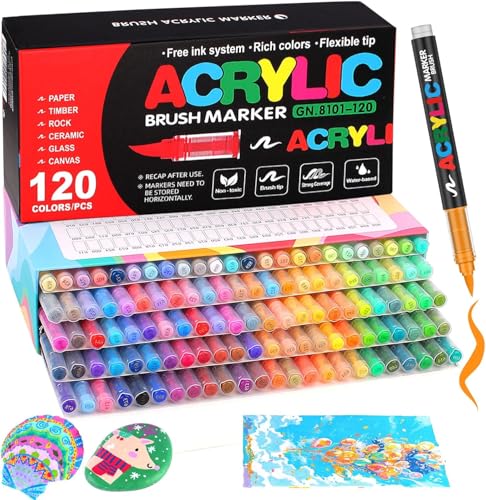 Image of Acrylic Paint Markers Brush Tip, 120 Vivid Colors with Direct-Liquid Ink System, Professional-Grade Paint Pen for Rock Painting, Canvas, Glass, Plastic, Fabric & Creative Crafts