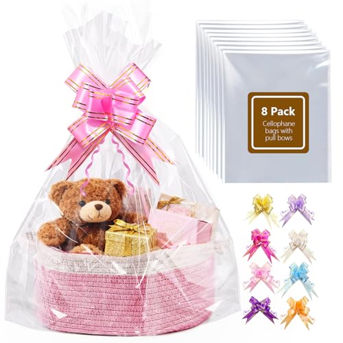 Boensi - 8 Bolsas de Celofán Grandes con Lazo, 60x75cm - Bolsas Regalo Transparentes para Cestas de Regalo, Halloween, Pascua, Navidad - Embalaje para Cestas de Fruta y Regalos