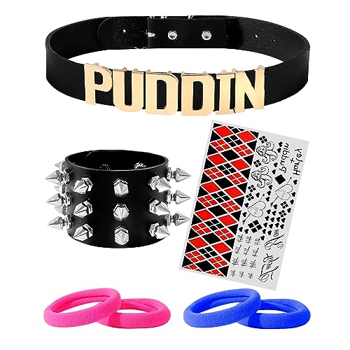 choice of all Quinn Puddin Choker Necklace Studded Bracelet Set Halloween Harley Cosplay Costume Accessories for Women Punk Leather Collar Necklace Gothic Jewelry