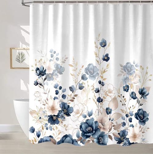 Sanzugh Navy Blue and Gold Flower Long Shower Curtain, Boho Watercolor Floral Leaves Cute Fabric Shower Curtains Set for Bathroom Decorative with Hooks 72 X 78 inch Beautiful Bath Decor by Sanzugh - Used condition - Image 4