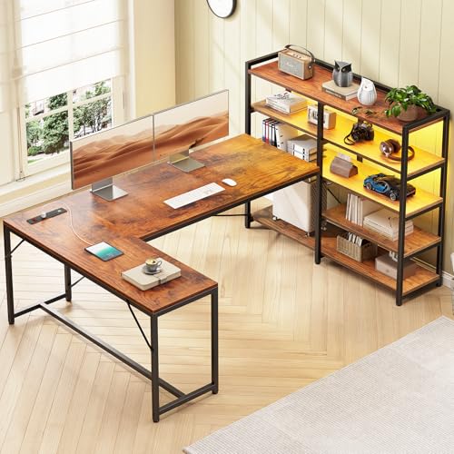 SEDETA L Shaped Desk with Storage Shelves, 63” Reversible U Shaped Office Desk, Gaming Desk with Power Outlet and LED Lights for Home Office, Rustic Brown