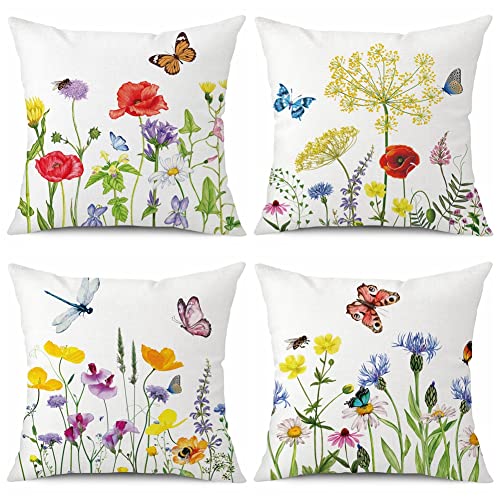 Ohok Juego de 4 fundas de cojín decorativas de 45 x 45 cm, color blanco, poliéster y lino, con cremallera oculta, juego de fundas de cojín para dormitorio, salón, sofá, coche, flores y insectos Cover