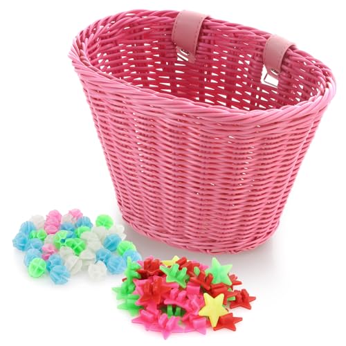 Spesh Kids Bike Basket, Wicker Basket for Kids Bike Boys Girls Bike Baskets Front with 72 Pcs Bike Spoke Beads Bicycle Accessories for Kids Bike(Pink)