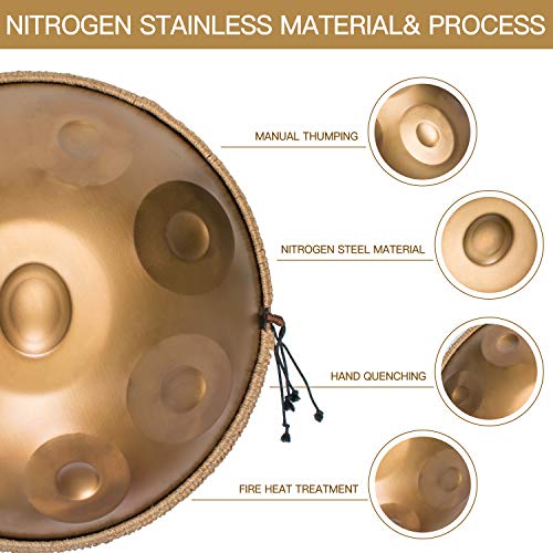AS TEMAN Handpantrommel, handpantrommel, 9 noten, 55,9 cm stalen handtrommel met zachte handpan-zak, 2 handpan-kleppen, handpan-standaard, stofvrije doek, goud (440 Hz, goud) - Image 4
