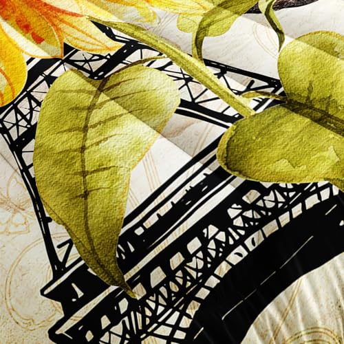 Image of AILONEN Sunflower Comforter Set Full Size,Sunflowers Butterfly Bedding Set,Paris Eiffel Tower Retro Comforter Sets, 1 Quilt and 2 Pillowcases