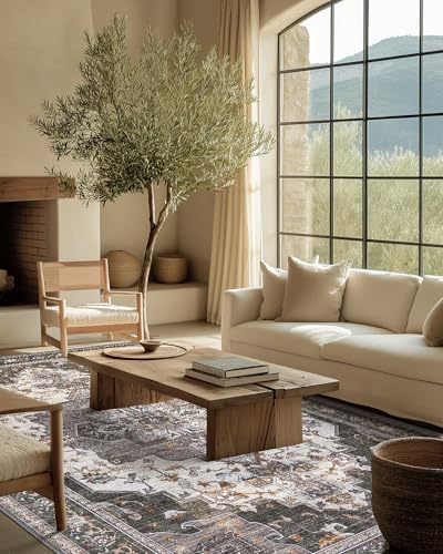 Image of BEIMO Area Rugs 8x10 for Living Room Bedroom, Modern Vintage Machine Washable Large Rug Soft Rug, Low Pile Floor Carpet with Non Slip Backing for Dining Room,Dark Grey