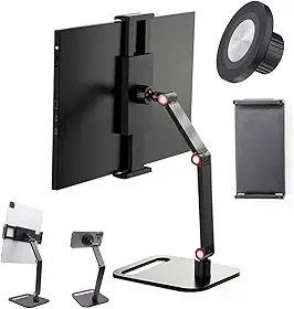 Suporte de Mesa para Tablet com Base Giratória 360° em Alumínio Resistente com Pedestal e Braço Articulado Ajustável Dobrável e Retrátil na Vertical Universal para Celular iPhone iPad Monitor