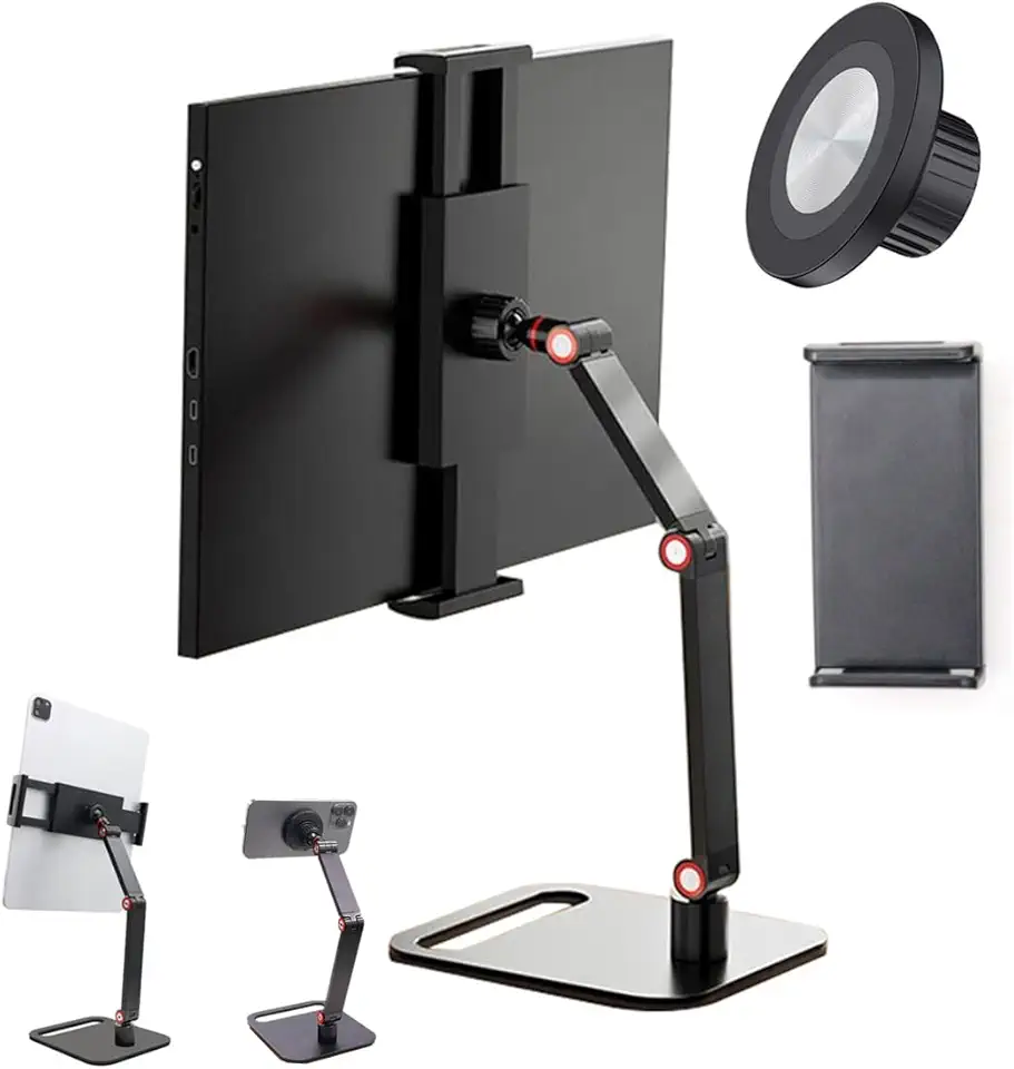 Suporte de Mesa para Tablet com Base Giratória 360° em Alumínio Resistente com Pedestal e Braço Articulado Ajustável Dobrável e Retrátil na Vertical Universal para Celular iPhone iPad Monitor