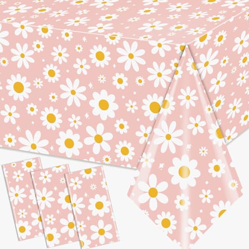 Image of 3Pack Tablecloth, Groovy Daisy Table Cover Pink Flower Birthday Party Decoration, Plastic Retro Hippie Boho Daisy Party Table Cloths for Girl Birthday Baby Shower Wedding Supplies