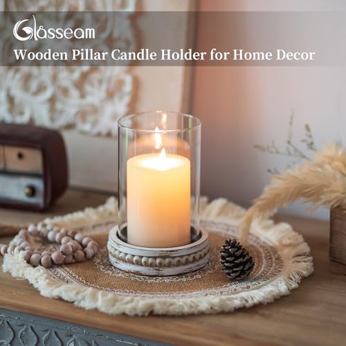 Glasseam Glass Hurricane Candle Holder, Decorative Candle Holders For Pillar Candles, Boho Candle Holders For Table Centerpiece, Glass Cylinder With Wood Beaded Candle Plate For Dining Room Decoration thumb #1