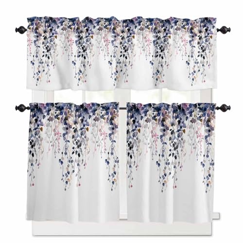 Colorful Leaves Kitchen Curtains 36 Inch Length,3 Piece Rod Pocket Small Half Tiers and Valance Set,Simple Eucalyptus Branches Sprigs vines Small Large Window Treatment Decor for Bedroom/Bathroom