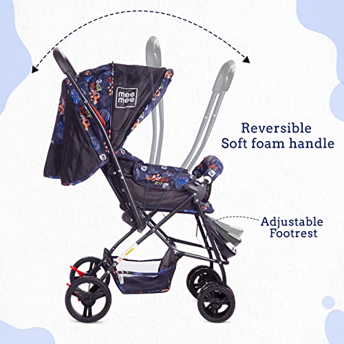 Image of Mee Mee Easy to Push Baby Stroller Pram 3 Position Seating with Quick One Hand Folding | Comfortable Seating | Fully Rotating Wheels | Feeding Tray for New Born Baby /Kids, 0-4 Years, Black