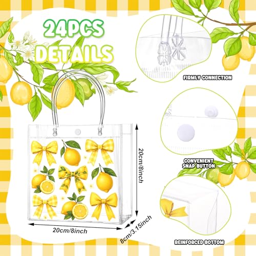 Image of Teenyyou 24 Pcs Lemon Clear Gift Bags with Handles Yellow Bow Lemon Print Transparent Tote Bags Reusable PVC Candy Treat Gift Container for Bridal Shower, Baby Shower, Wedding, Birthday Party Favors
