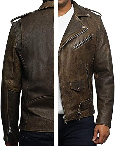 BRANDSLOCK Mens Genuine Leather Biker Jacket Cowhide Brando Rustic4