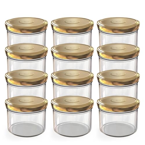 Oputec Lot de 12 bocaux de 230 ml avec couvercles à visser dorés – Parfaits pour les confitures, les confitures et plus encore, petits bocaux avec...