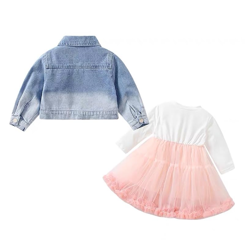 Peacolate 2-7Years Spring Autumn Little Big Girl 2pcs Dresses Clothing Sets Long Sleeve Dress and Denim Jacket3