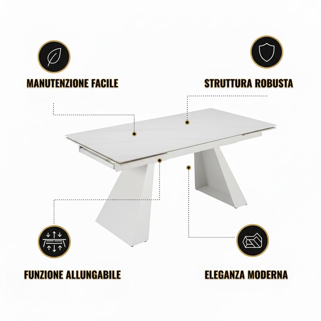 Cribel Tavolo da Pranzo Vermont Allungabile 160–240 cm | Piano in Gres Porcellanato Effetto Marmo | Gambe in Metallo a Trapezio Inclinato | Design Moderno e Imponente