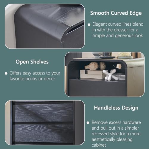 Image of Aitjunz 25 inch Tall Modern Nightstand Set of 2, 23.6'' Wide Wood Bedside Table w /2 Storage Drawers, Charging Station, Mid Century End Table for Bedroom, Living Room,Curved Profile Design, Black