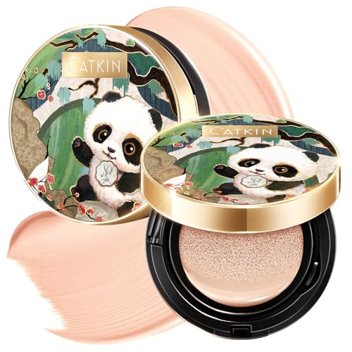 CATKIN Panda Land Full Coverage Compact Powder Foundation, Nourishing Formula and 24H Hold, with Hyaluronic Acid, For Sensitive Skin, Satin Finish, 15g*2 (C02 LIGHT BEIGE)