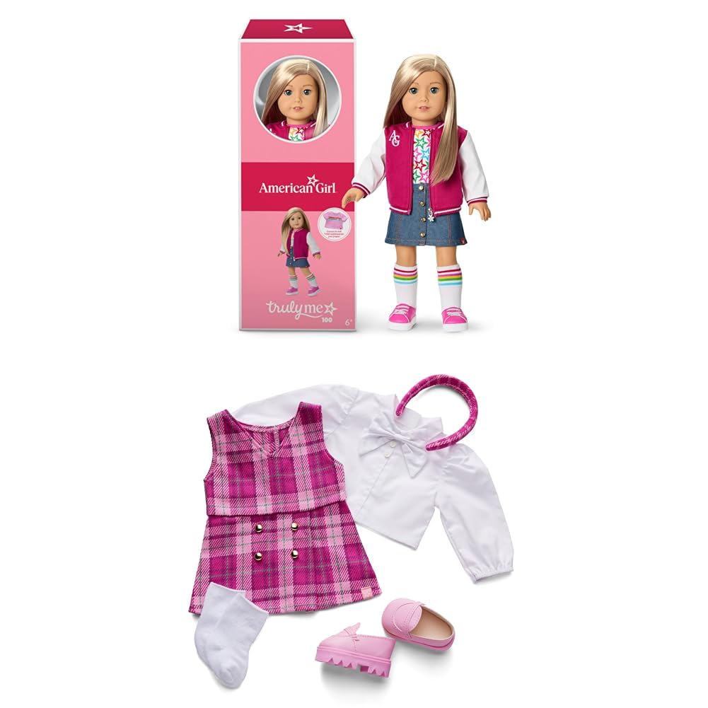 Bundle of American Girl, Truly Me 18-inch Doll #100 with Dark-Blue Eyes, Straight Blonde Hair, Light-to-Medium Skin, for Ages 6+ + Truly Me 18-inch Doll Outfit, Pink &amp; Preppy Outfit, for Ages 6+