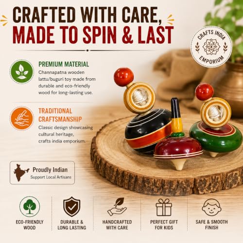 Image of Wooden Spinning Tops Combo Pack of 3 nos (Buguri, Lattu,Pambaram) Multi Color - Non Toxic Channapatna Hand Crafted Desi Toddler /Kids Indoor Toys, Return Gift, bongaram for Kids.
