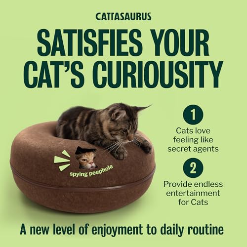 Image of Cattasaurus Peekaboo Cat Cave Donut for Multiple & Large Cats up to 30-45 lbs, 3-in-1 Self Warming Cat Bed, Tunnel & Scratcher for Indoor Cats, Washable & Detachable Small Dog Bed (Brown, Jumbo)