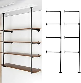 Industrial Pipe Shelving System with 4 Tiers, Black Iron Wall Mount, Flo...