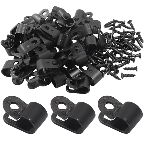 Hordion 50 Pack 3/8 Inch R-Type Cable Clips Cable Clamp Black Mounting Clip
