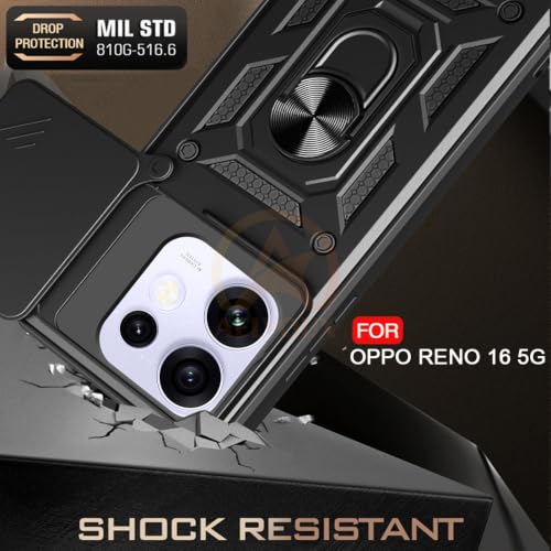 Image of Armor Bumper Back Cover Case for Oppo Reno 16 5G Rotating Camera Cover, Ring Holder & Kickstand | Heavy Duty & 360 Degree Protection Back Cover for Oppo Reno 16 5G (Black)