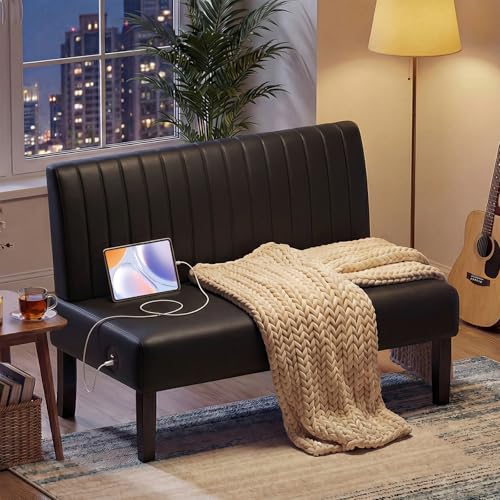 Image of Black Leather Armless Loveseat with USB, Small Couch for Living Room | Mini Sofa and Love Seat, Compact Armless Couch with USB Charging Port, Bedroom Apartment Office Dorm Small Spaces, Black