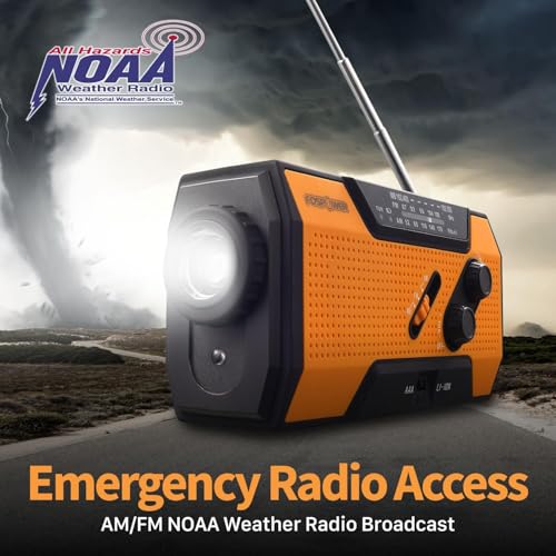 FosPower NOAA Emergency Weather Radio A1 7400mWh Portable Power Bank, AM/FM, USB/Solar/Hand Crank Charging, Battery Operated, SOS Alarm & Flashlight for Indoor/Outdoor Emergency - Orange - Image 5