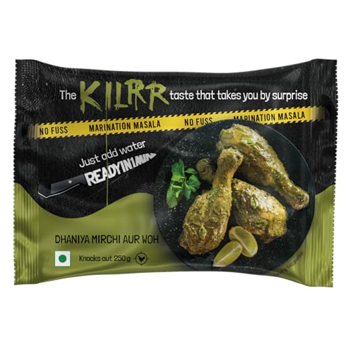 Image of KILRR Chicken Marination Masala - Dhaniya Mirchi aur Woh | Pack of 4 (Marinates 250g Chicken per Pack) | 1- Min Killer Marinade Masala for Tikka, Tandoori Chicken | Just Add Water & Oil | No Preservatives or Additives