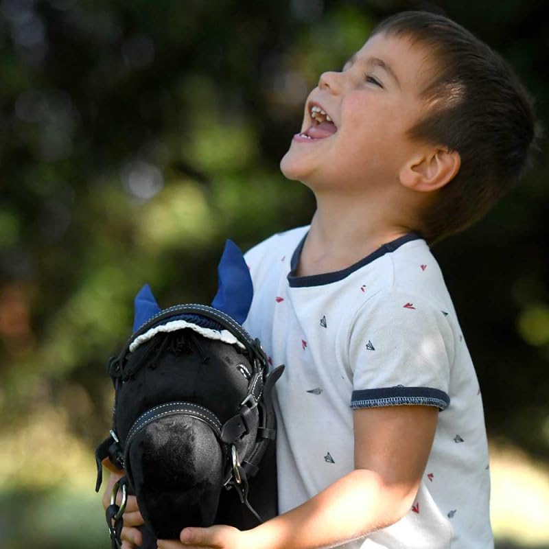 Hobby Horse schwarz A3, Vollstab Pferd mit Netz, Gebiss, Zügel, Halfter und blauer Insektenmütze, Pferdekopf Stab für Hobby Horsing Kinder und Jugendliche – Black Star