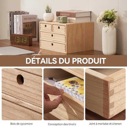 Organiseur bureau 4 tiroirs bois paulownia, KIRIGEN