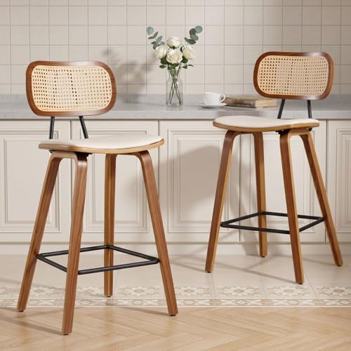 chairus Tabourets de Bar Lot de 2 Tabourets de Comptoir Bois et Métal Chaise Haute Bar avec Dossier Rotin pour Central Îlot, Beige