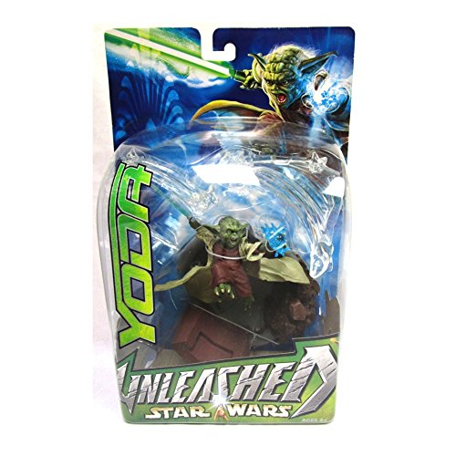 Star Wars Year 2003 Unleashed 3 Inch Tall Action Figure - Yoda with Lightsaber and Diorama Display Base