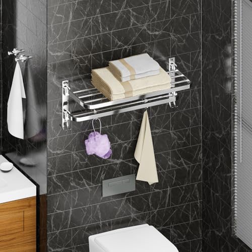 Image of Towel Rack for Bathroom, Shelf for Wall with Towel Hooks, Towel Rack, Kitchen Accessories Items Wall Mounted for Heavy-Duty Elegance (Chrome, 18 Inch)
